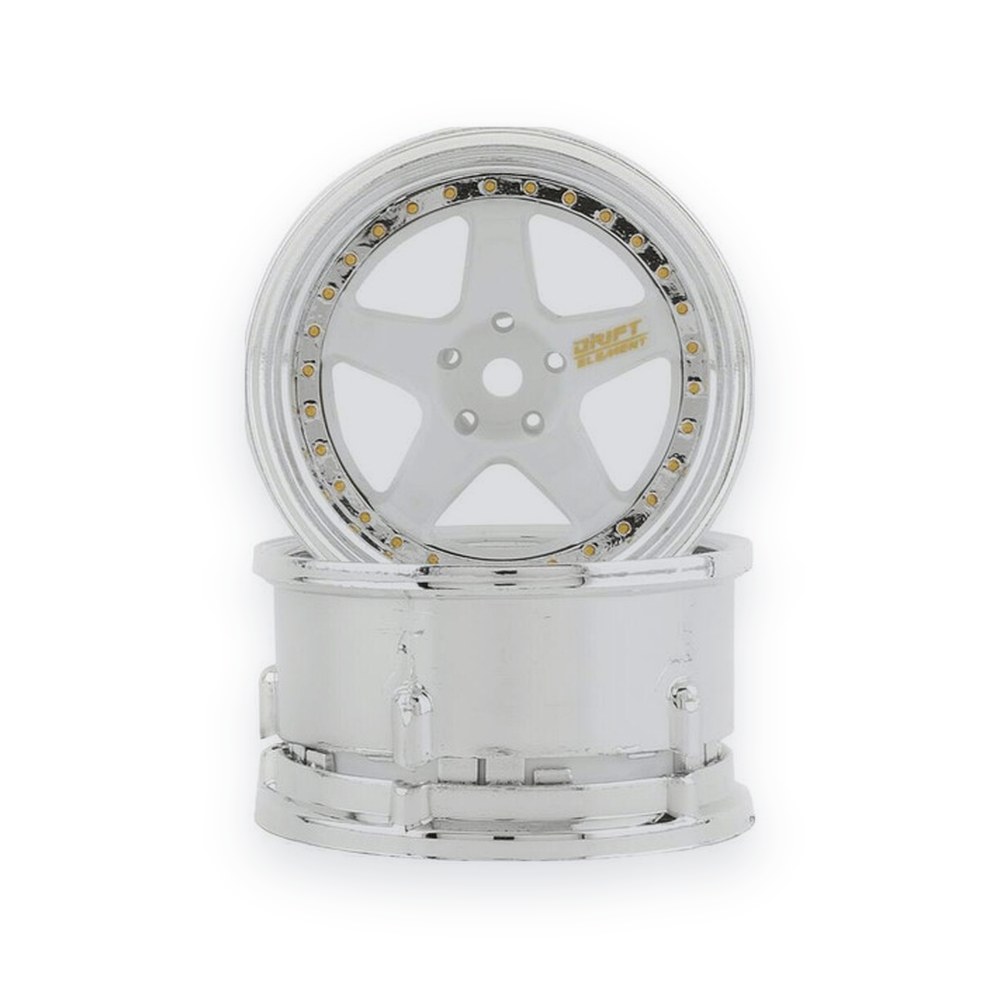 DS Racing Drift Element 5-Spoke Drift Wheels, White and Chrome with Gold Rivets