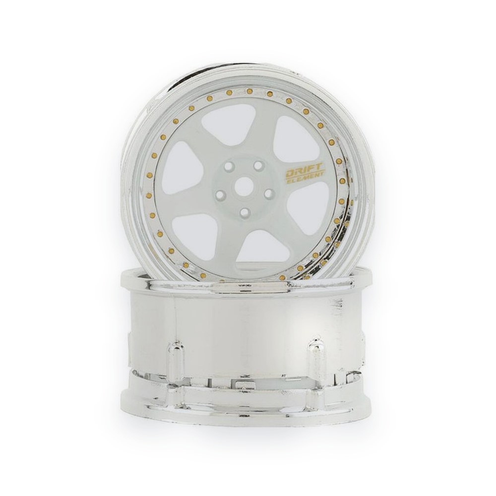 DS Racing Drift Element 6-Spoke Drift Wheels, White and Chrome with Gold Rivets