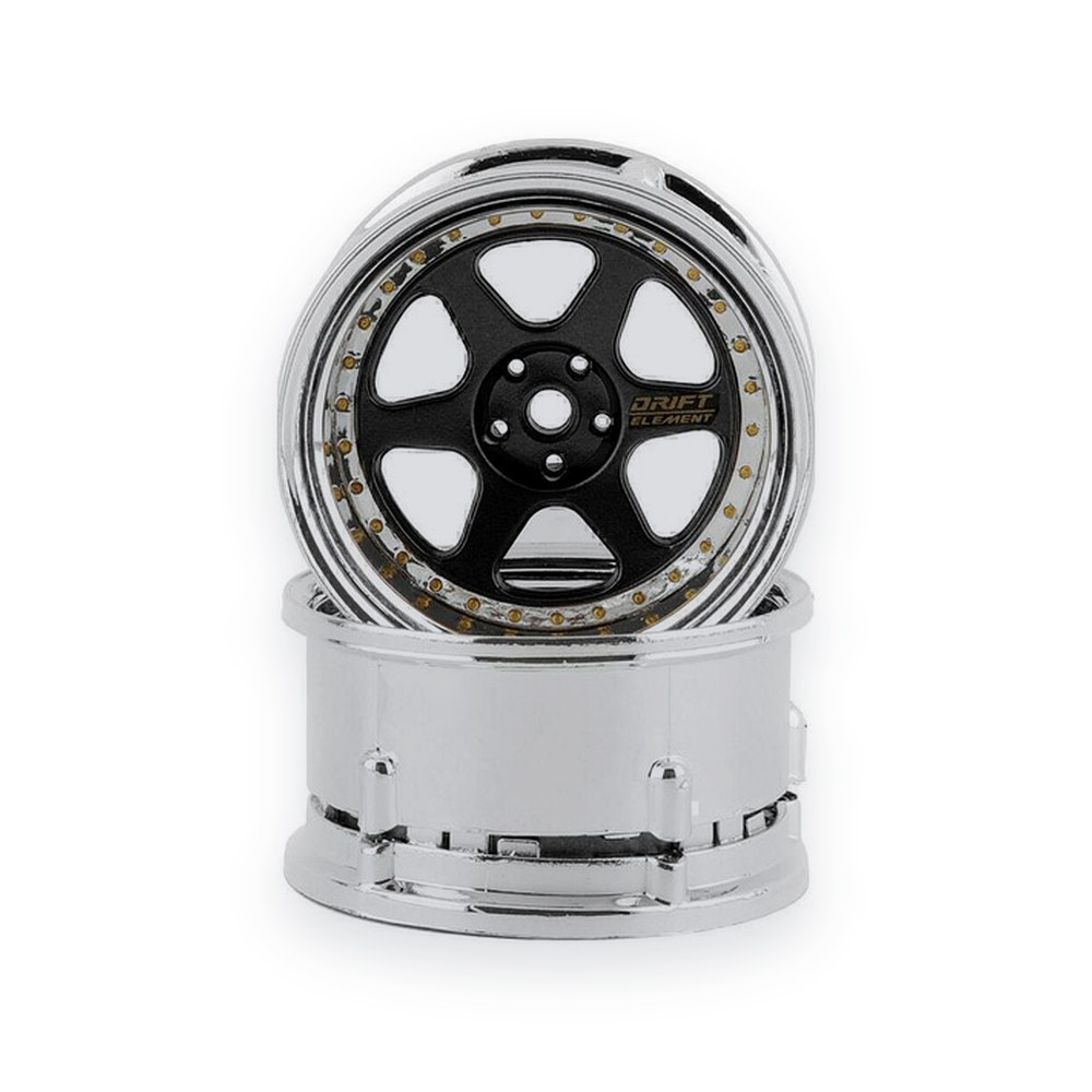 DS Racing Drift Element 6 Spoke Drift Wheels, Black & Chrome with Gold Rivets