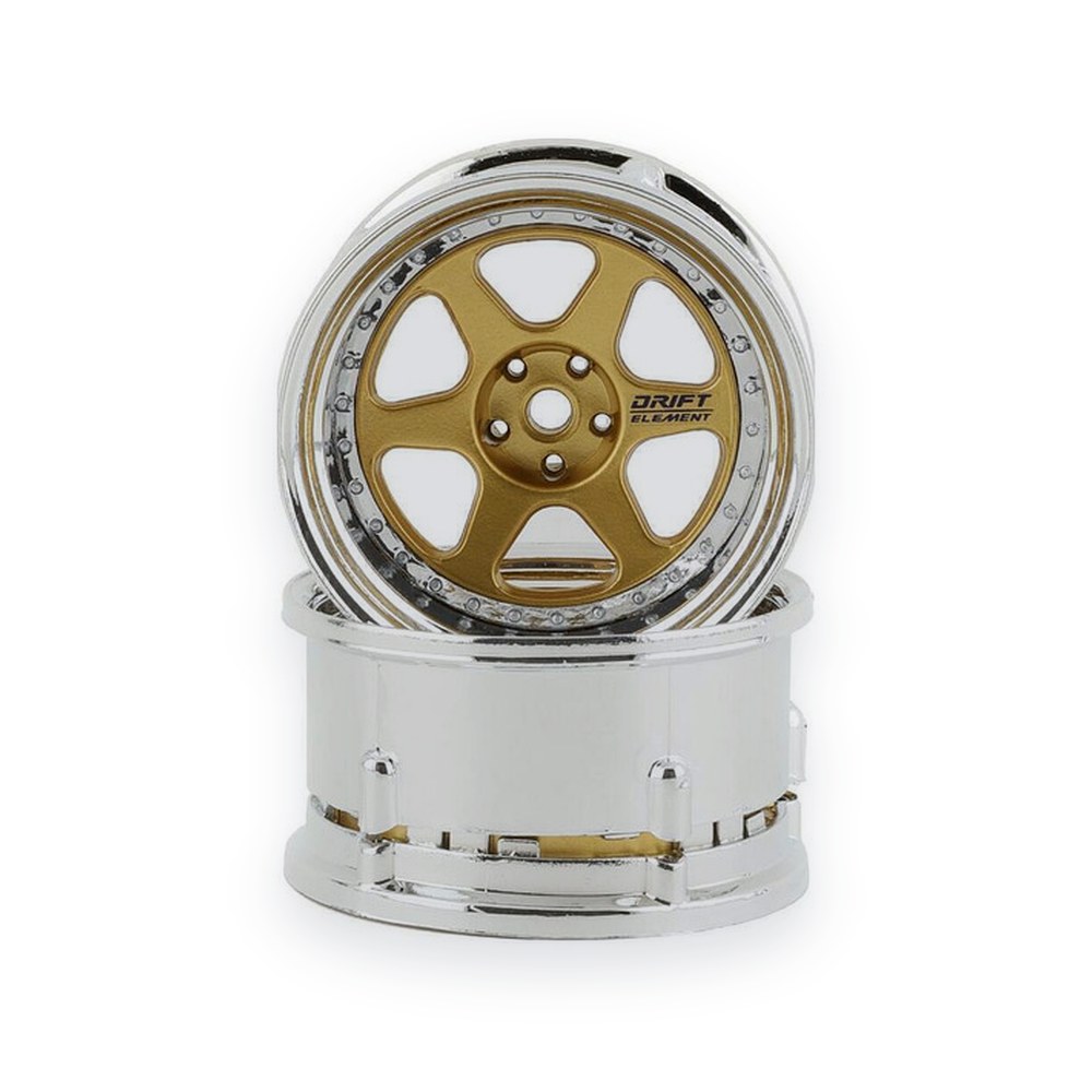 DS Racing Drift Element 6 Spoke Drift Wheels, Gold & Chrome with Gold Rivets