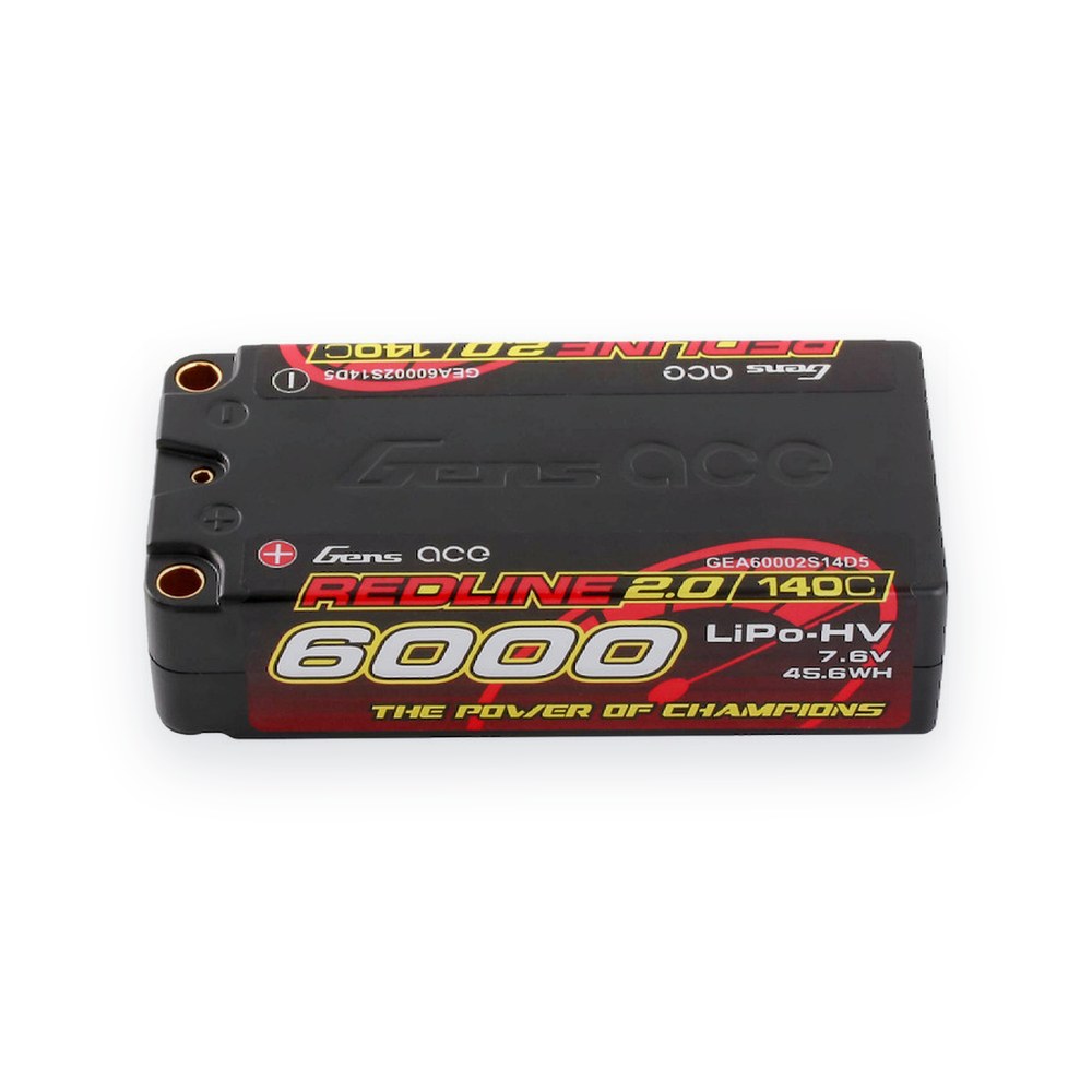 Gens Ace LiHV Shorty Battery, 7.6V 6000mAh 2S 140C, Redline 2.0 with 5.0mm Bullet