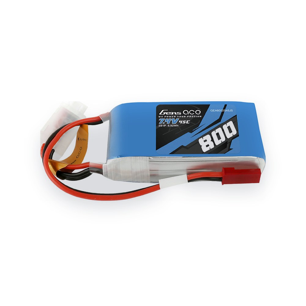 Gens Ace LiPo Battery, 7.4V 800mAh 2S 45C, Jst Connector