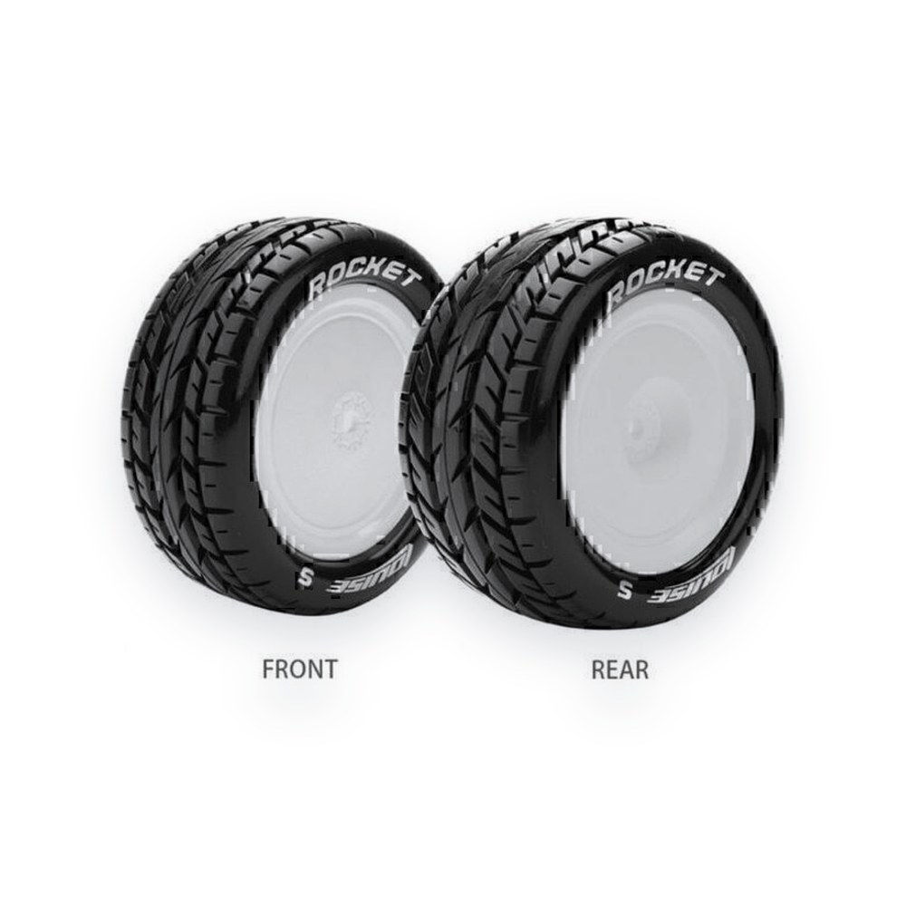 Louise RC E-Rocket 1/10 4WD Rear Buggy Tire, Soft, Mounted on White Rim