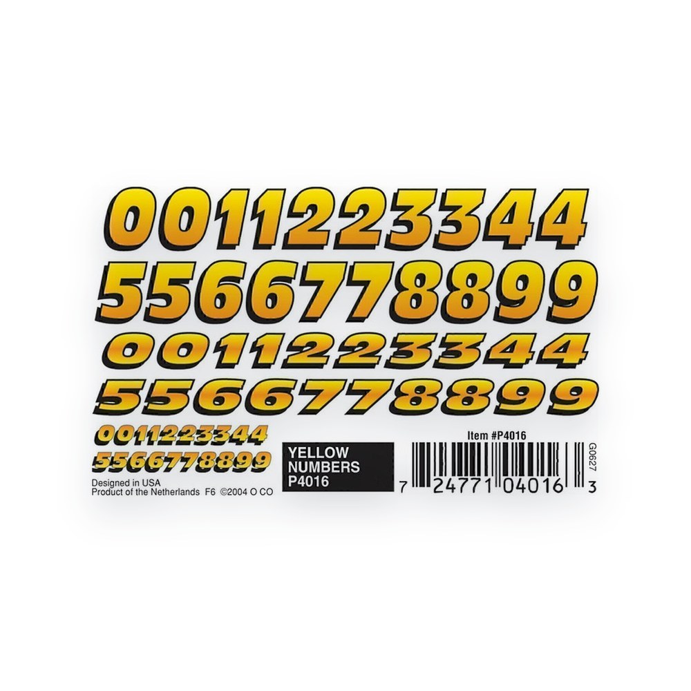 Pinecar Dry Transfer, Yellow Numbers