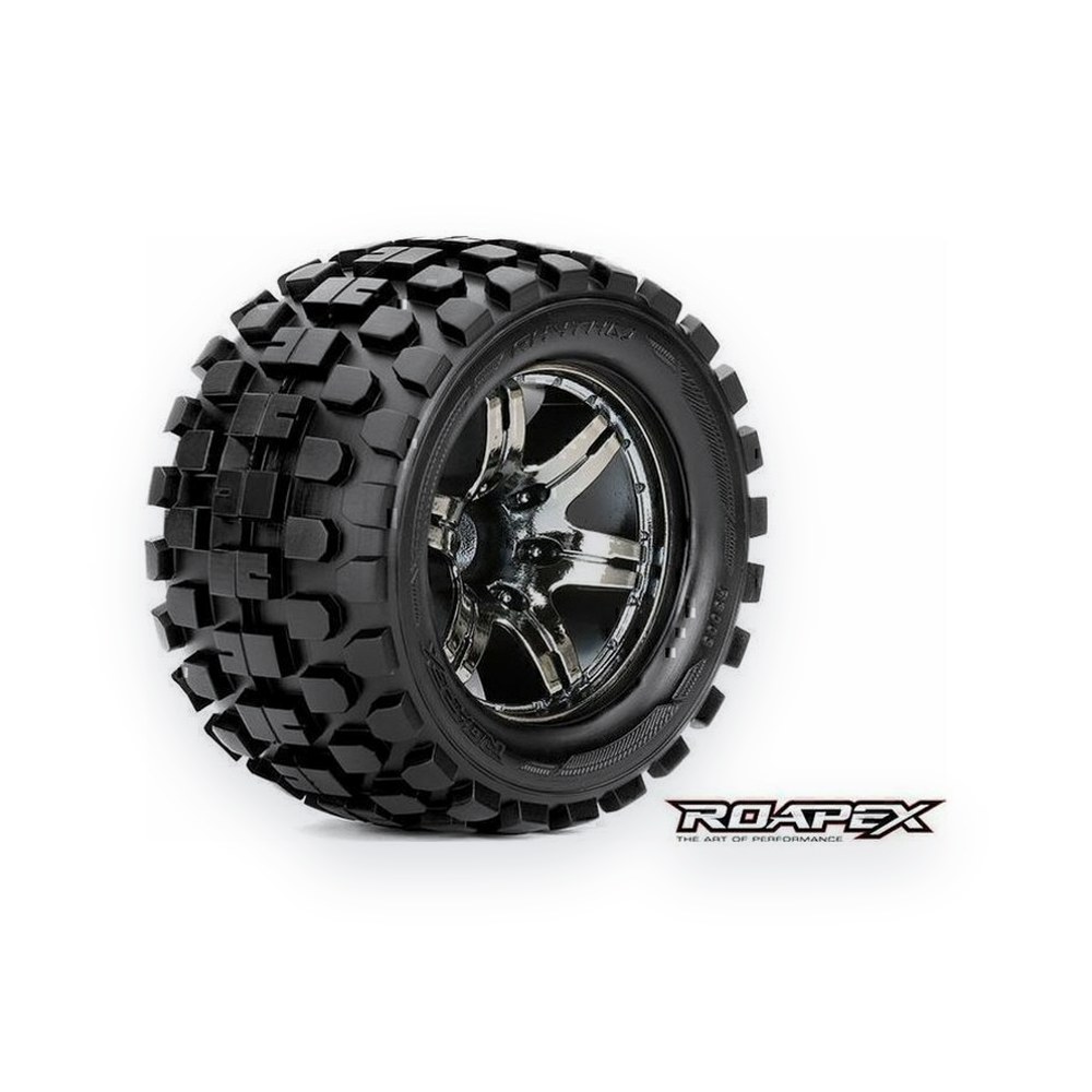 Roapex R/C 1:10 Monster Truck Tire and Chrome Black Wheel, Rhythm, 0 Offset